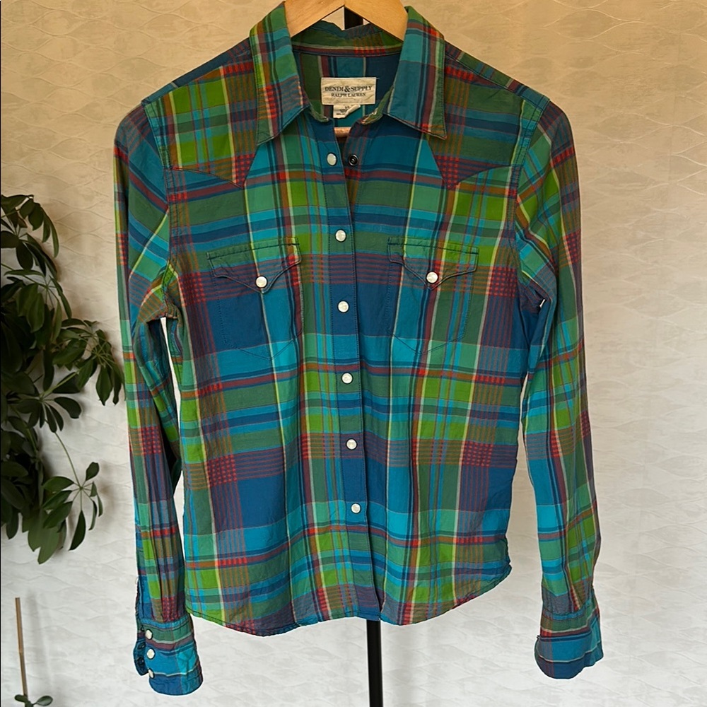 Ralph Lauren Denim & Supply Turquoise and Green Plaid Snap-Down Shirt